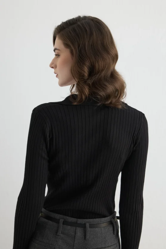 Ribbed Polo Neck Knit Blouse Black - 5