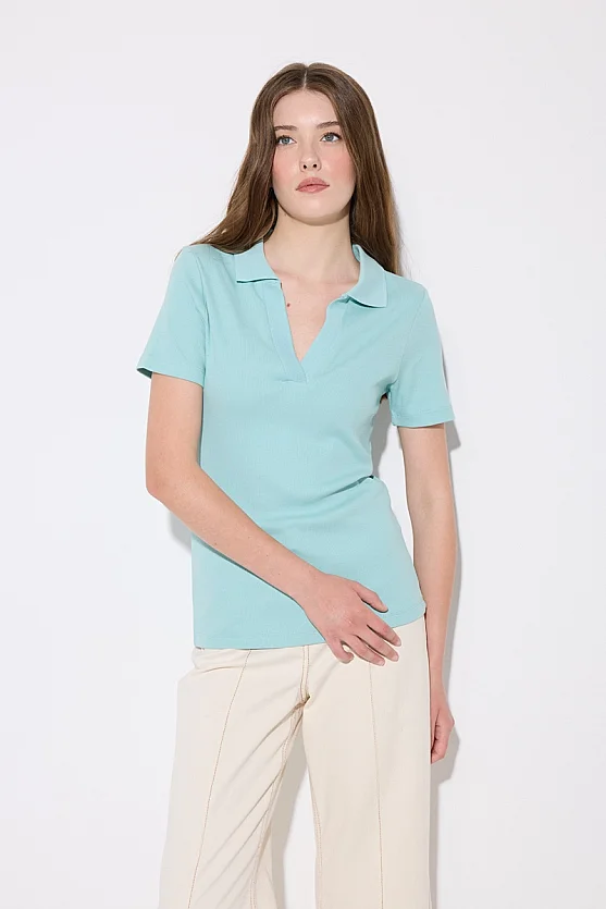 Ribbed Polo Neck T-Shirt - Turquoise - 2