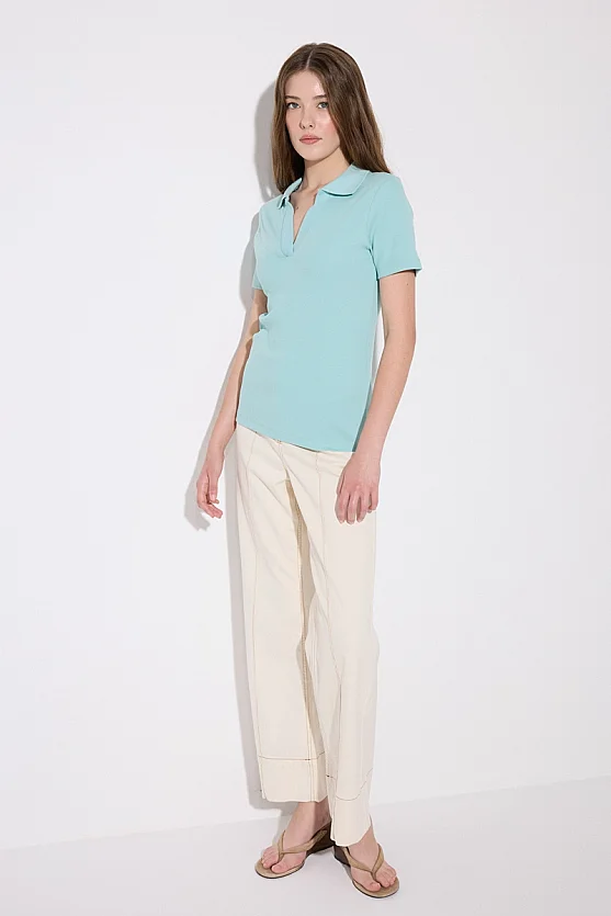 Ribbed Polo Neck T-Shirt - Turquoise - 3
