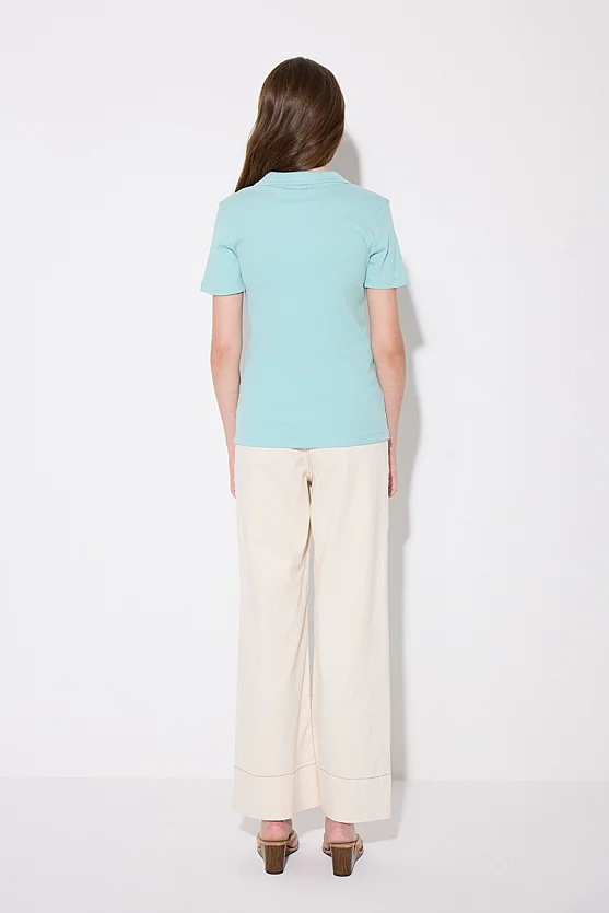 Ribbed Polo Neck T-Shirt - Turquoise - 4