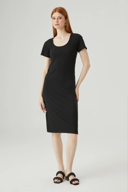 Ribbed U Neck Dress - Black Black