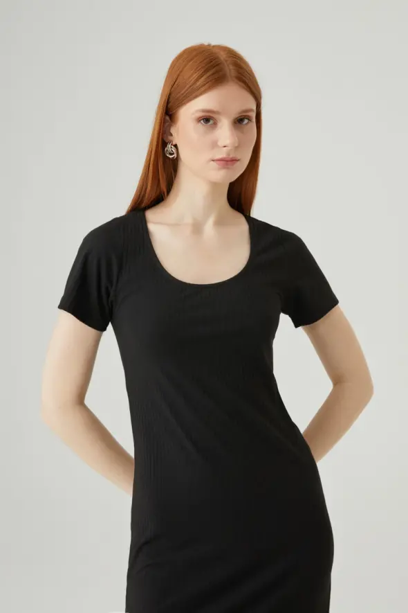 Ribbed U Neck Dress - Black - 2