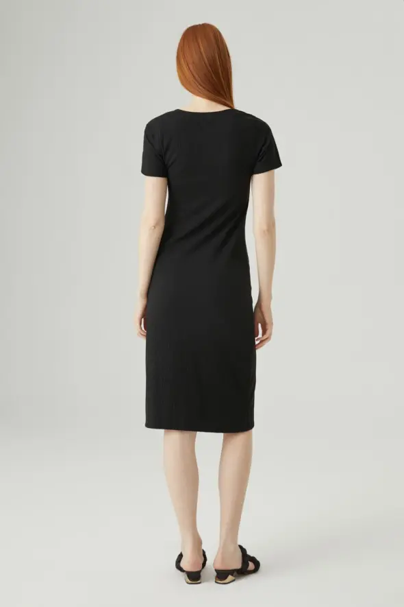 Ribbed U Neck Dress - Black - 5