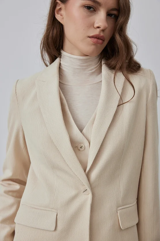 Ribbed Velvet Blazer Jacket - Ecru - Gusto