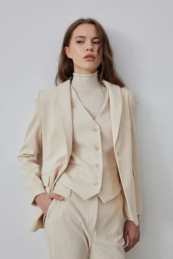 Ribbed Velvet Blazer Jacket - Ecru - Gusto