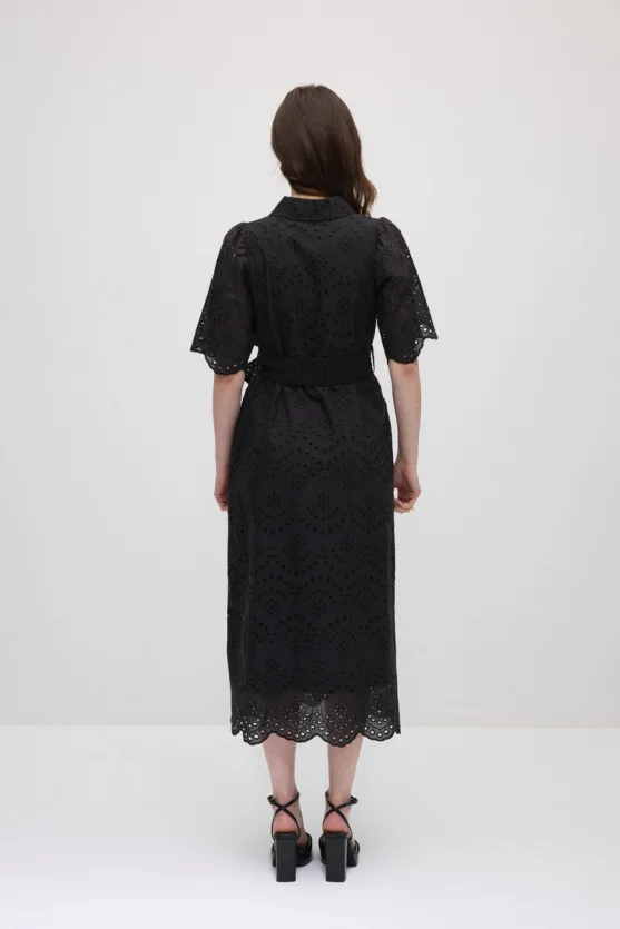 roderie Cotton Long Shirt Dress - Black - 6