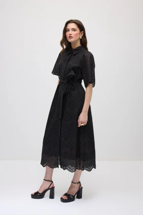 roderie Cotton Long Shirt Dress - Black - Gusto