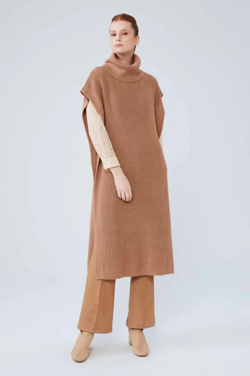 Roll Neck Knitwear Poncho Camel Autumn Winter Gusto