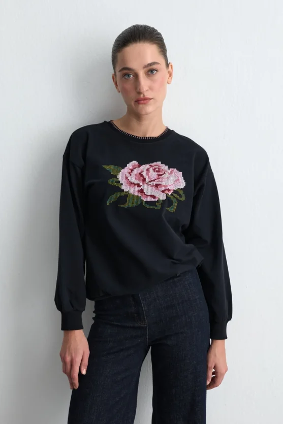 Rose Embroidered Cotton Sweatshirt Black - 2