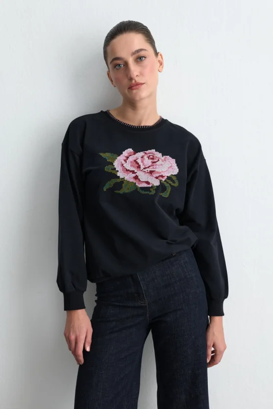 Rose Embroidered Cotton Sweatshirt Black - Gusto