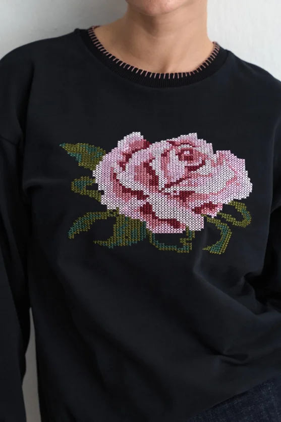 Rose Embroidered Cotton Sweatshirt Black - 4