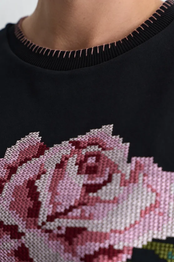 Rose Embroidered Cotton Sweatshirt Black - 5