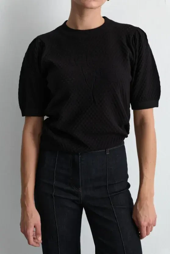 Rose Patterned Eyelet Viscose Knit Blouse - Black - 2