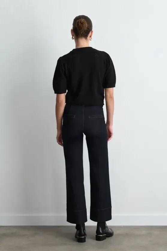 Rose Patterned Eyelet Viscose Knit Blouse - Black - Gusto