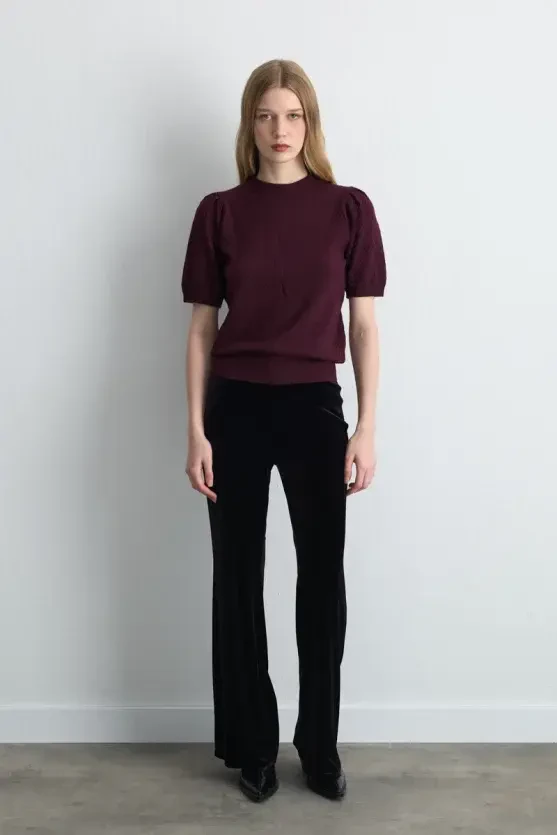 Rose Patterned Eyelet Viscose Knit Blouse - Plum - 2