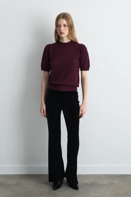 Rose Patterned Eyelet Viscose Knit Blouse - Plum - 3