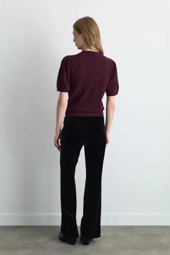 Rose Patterned Eyelet Viscose Knit Blouse - Plum - 5