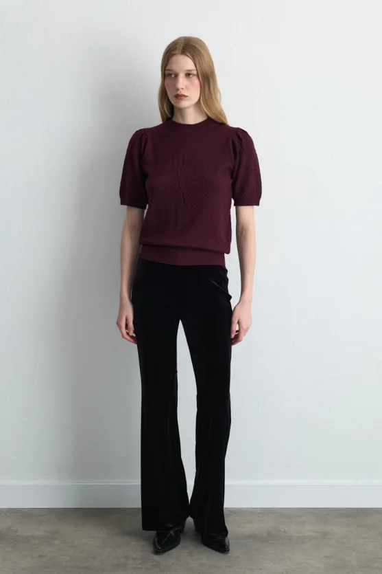 Rose Patterned Eyelet Viscose Knit Blouse Plum - Gusto