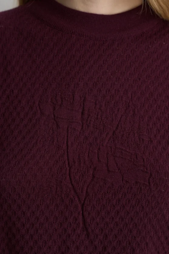 Rose Patterned Eyelet Viscose Knit Blouse Plum - 4