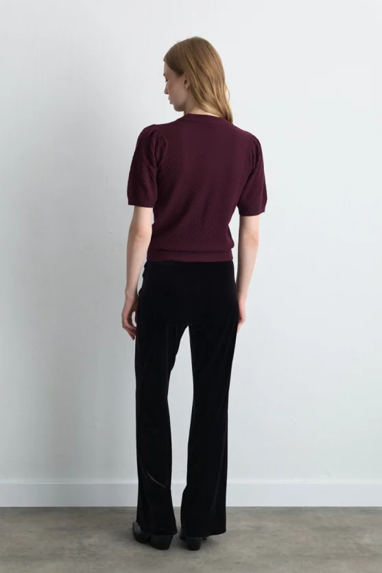 Rose Patterned Eyelet Viscose Knit Blouse Plum - Gusto