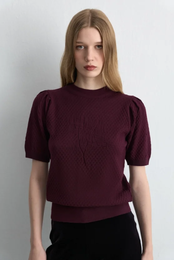 Rose Patterned Eyelet Viscose Knit Blouse Plum - Gusto