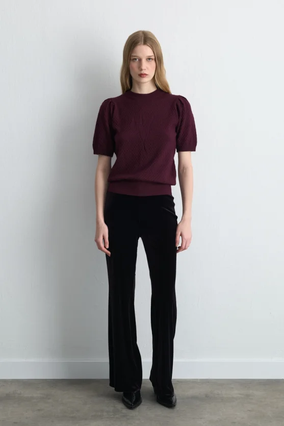 Rose Patterned Eyelet Viscose Knit Blouse Plum - 2