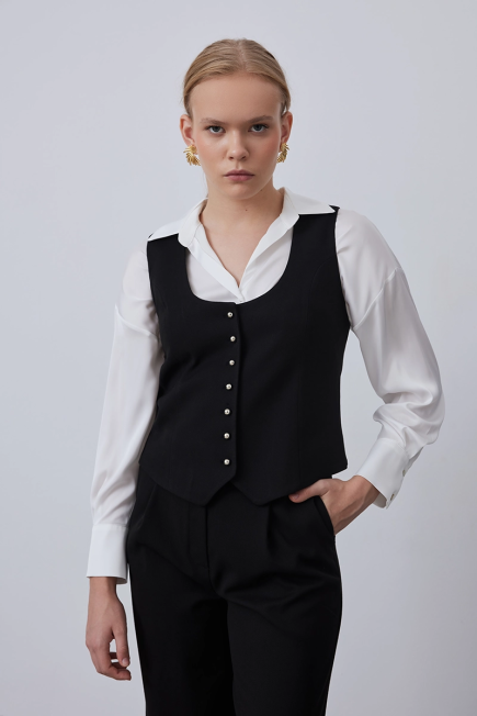 Round Collar Buttoned Vest - Black Black