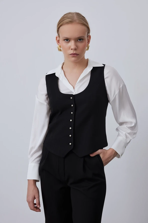 Round Collar Buttoned Vest - Black - 1