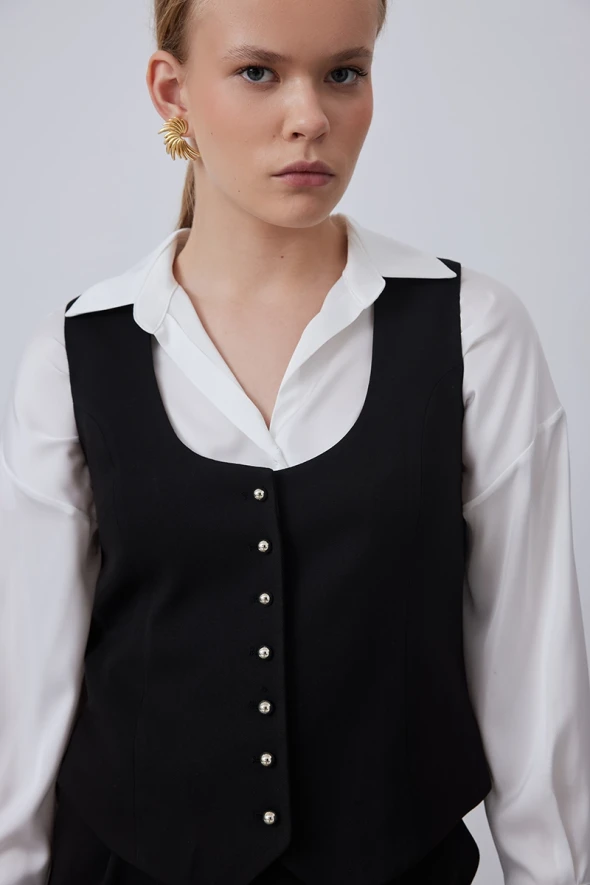 Round Collar Buttoned Vest - Black - 3