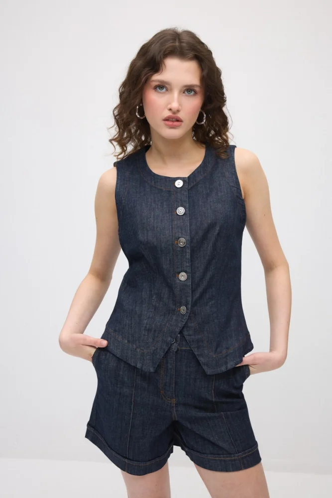 Round Collar Denim Vest - Navy Blue Navy Blue