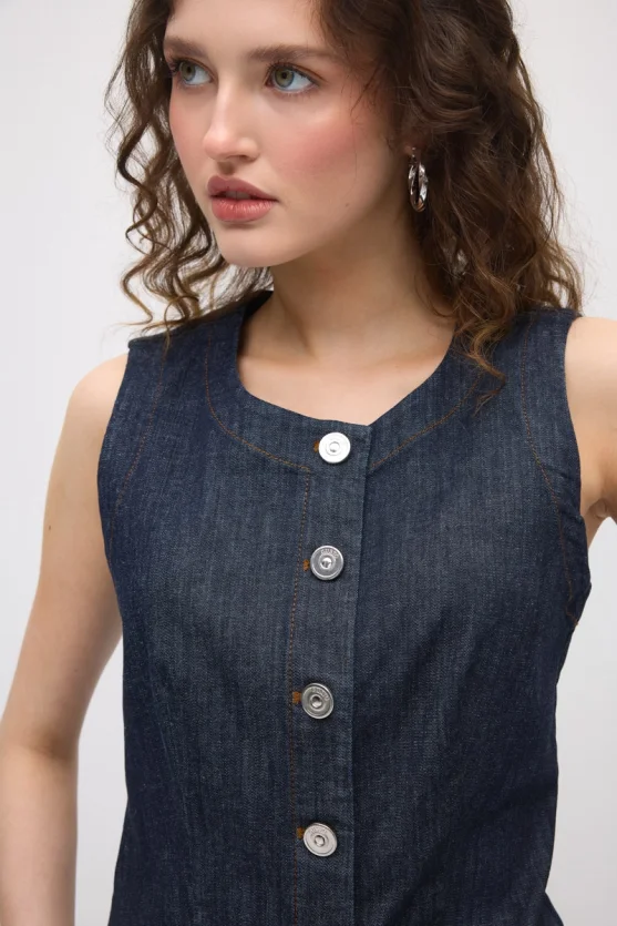 Round Collar Denim Vest - Navy Blue - 4
