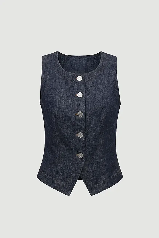 Round Collar Denim Vest - Navy Blue - 6