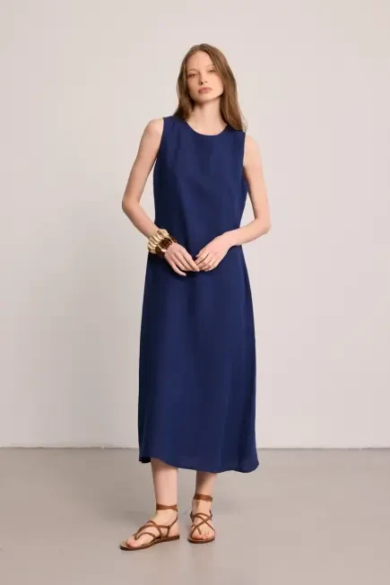 Round Neck 100% Linen Long Dress - Navy Blue Navy Blue