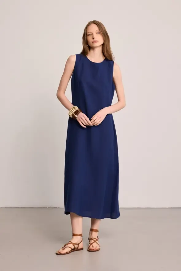 Round Neck 100% Linen Long Dress - Navy Blue - 1