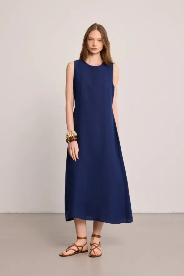 Round Neck 100% Linen Long Dress - Navy Blue - 2