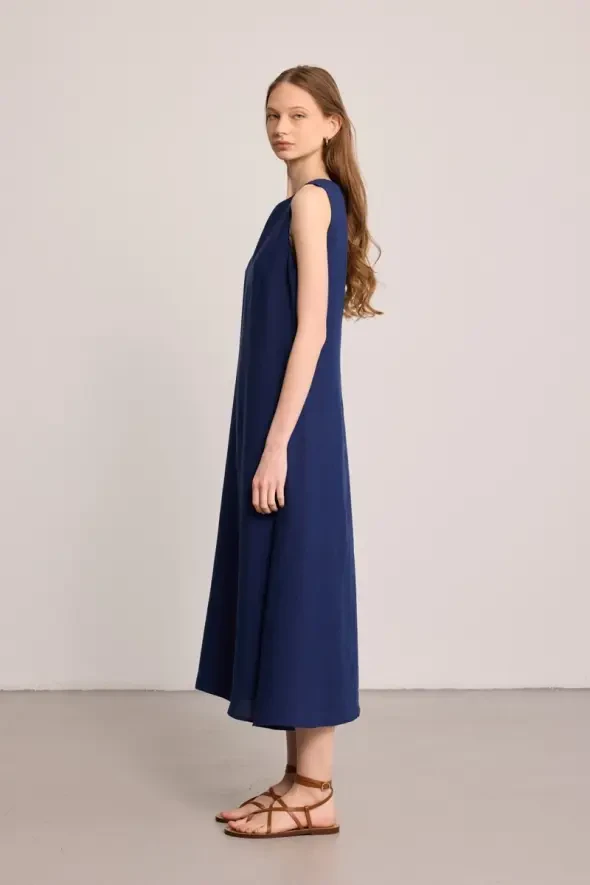 Round Neck 100% Linen Long Dress - Navy Blue - 3