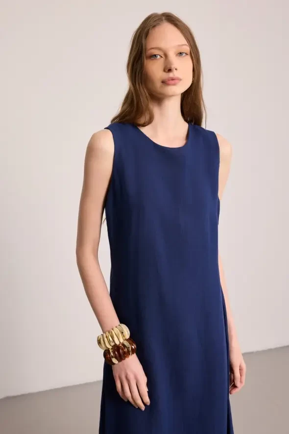 Round Neck 100% Linen Long Dress - Navy Blue - 4