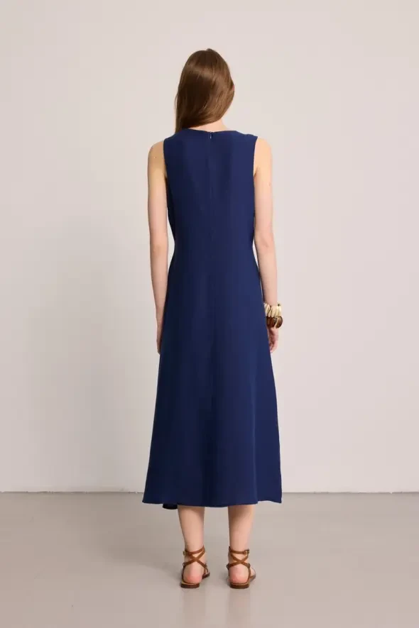 Round Neck 100% Linen Long Dress - Navy Blue - 5