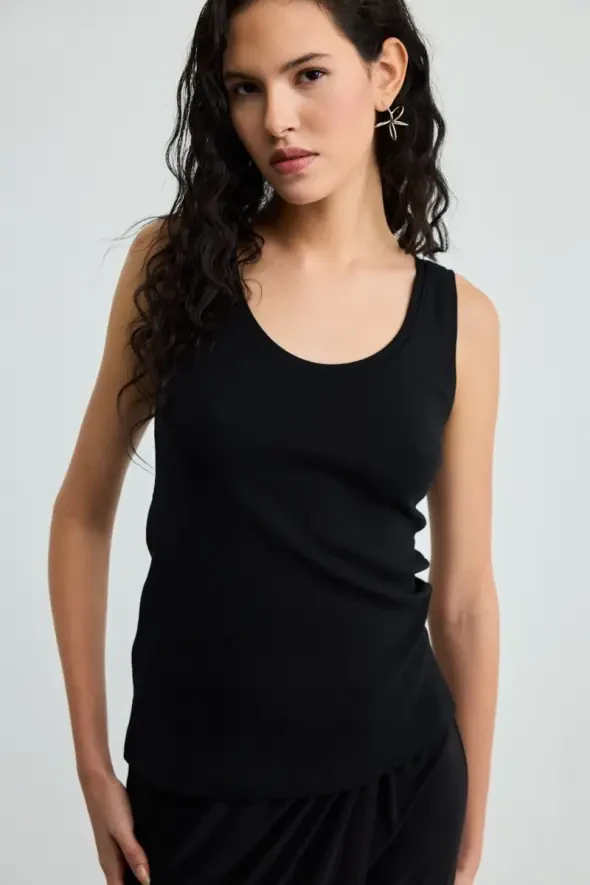 Round Neck Cotton Ribbed Tank Top - Black - 1