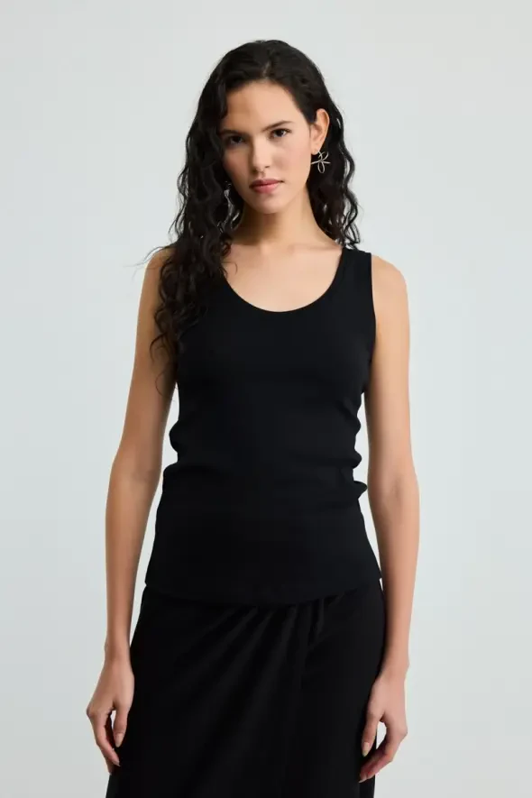 Round Neck Cotton Ribbed Tank Top - Black - 3