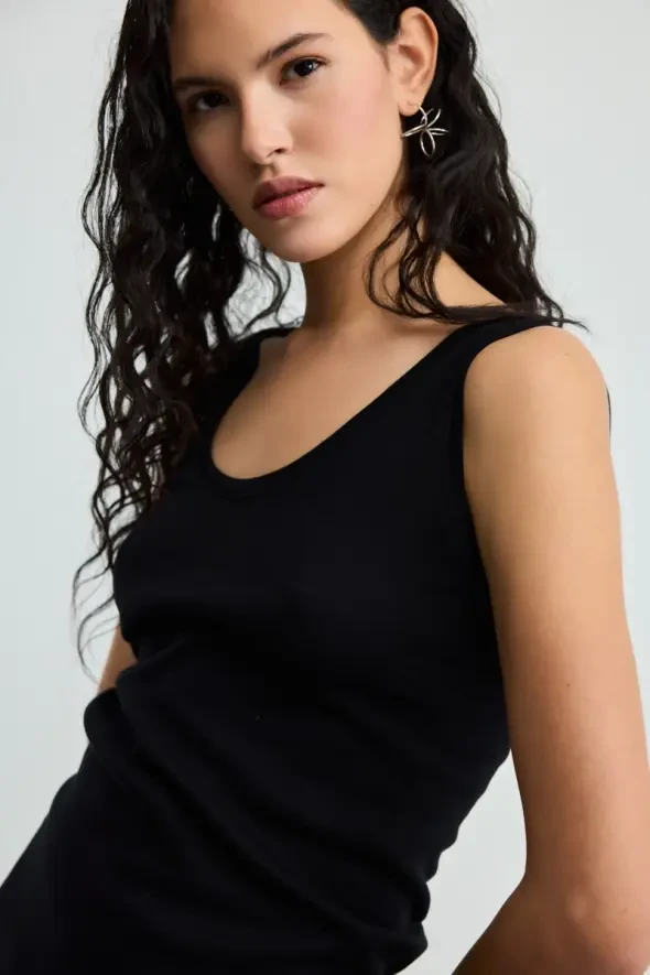 Round Neck Cotton Ribbed Tank Top - Black - 4