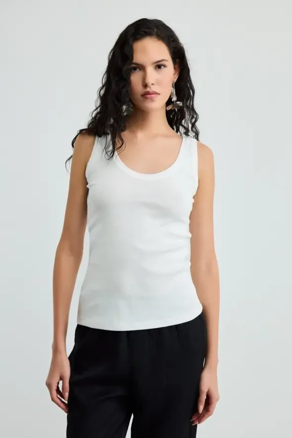 Round Neck Cotton Ribbed Tank Top - Ecru - 1