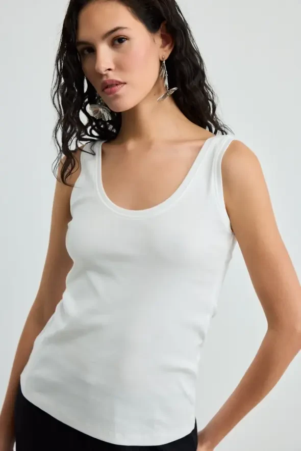Round Neck Cotton Ribbed Tank Top - Ecru - 3