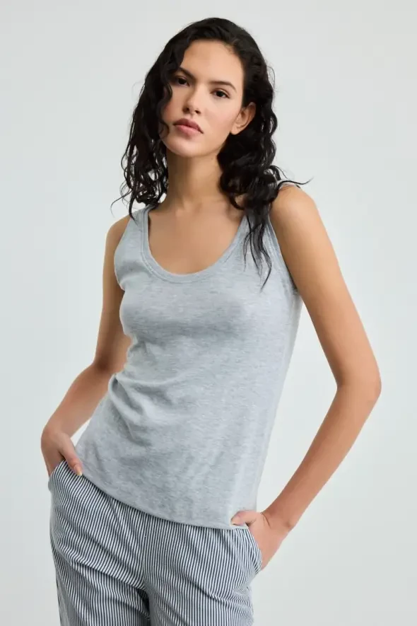 Round Neck Cotton Ribbed Tank Top - Gray - 1