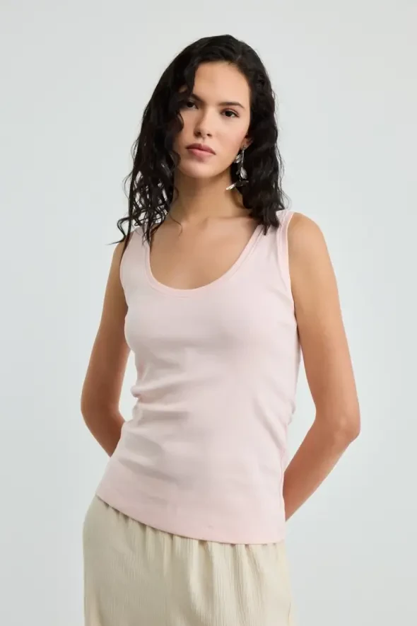 Round Neck Cotton Ribbed Tank Top - Powder Pink - 1