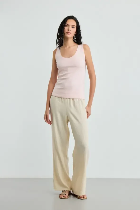 Round Neck Cotton Ribbed Tank Top - Powder Pink - 2