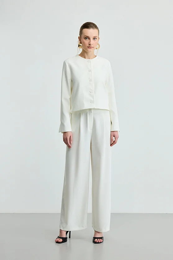 Round Neck Crepe Jacket - Ecru - 2