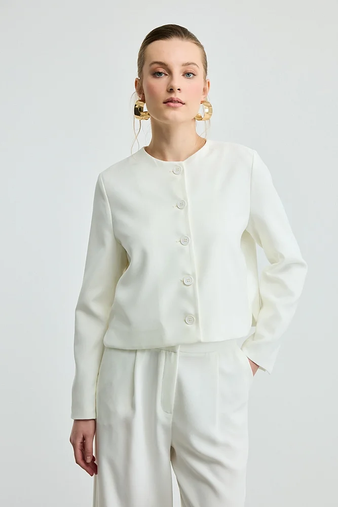 Round Neck Crepe Jacket - Ecru Ecru