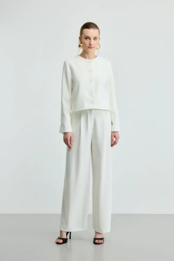 Round Neck Crepe Jacket - Ecru - 2