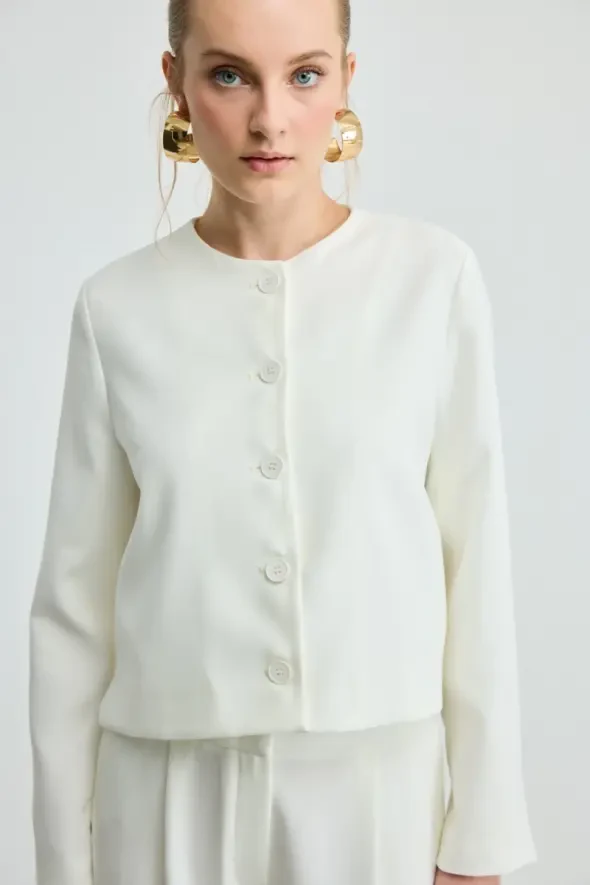 Round Neck Crepe Jacket - Ecru - 3